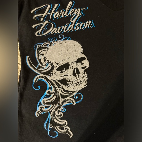 HARLEY DAVIDSON BRIGHT BLUE & BLACK V-NECK T-SHIRT - Medium - Picture 5 of 11